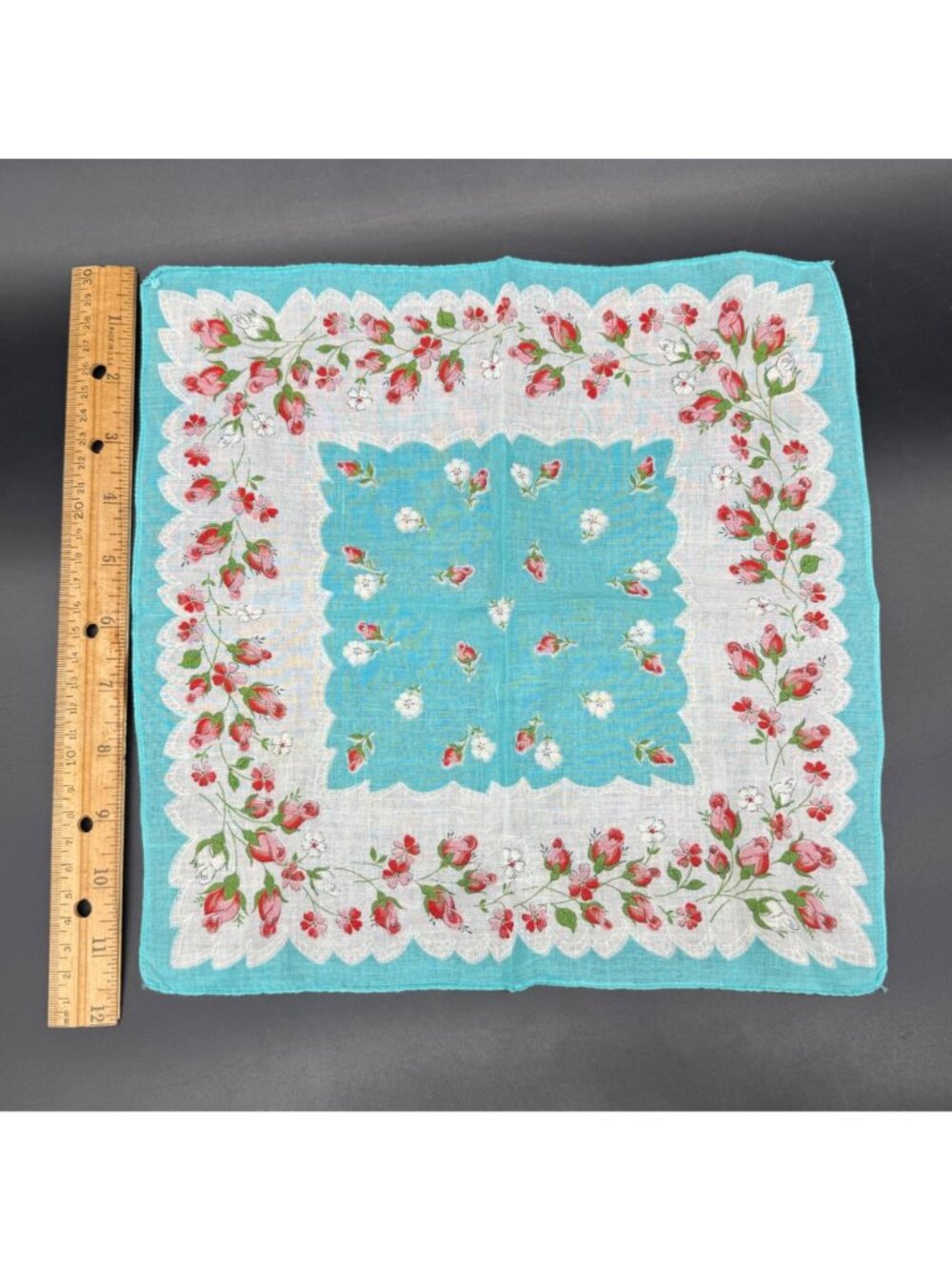 Vintage Floral Handkerchief Teal Red Pink Rose Flowers Cotton Hankie Mid Century - Picture 6 of 7